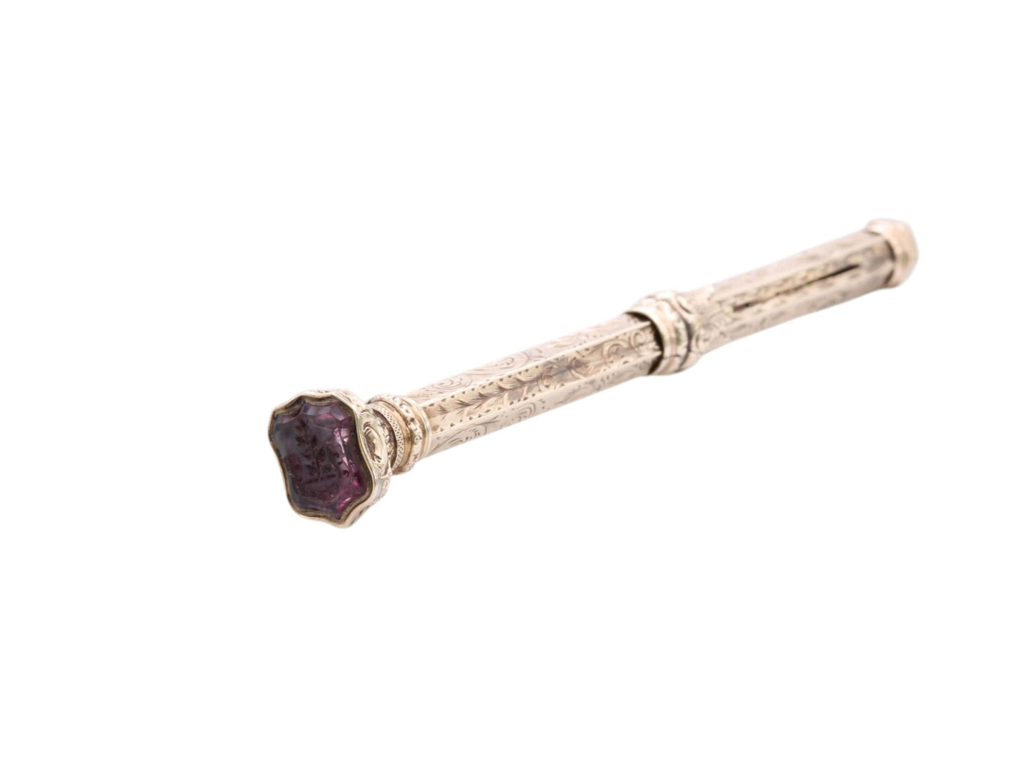Antique 9ct Gold Sliding Pencil Amethyst Intaglio "Thus I flourish" Sic Viresco
