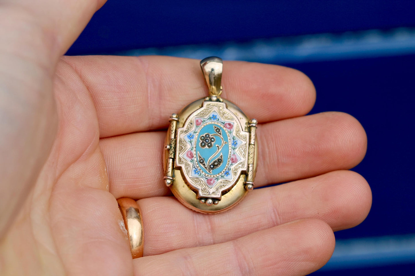 Antique Victorian Enamel Rose & Forget Me Not Locket, 1871