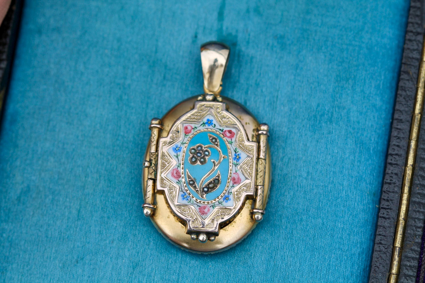 Antique Victorian Enamel Rose & Forget Me Not Locket, 1871