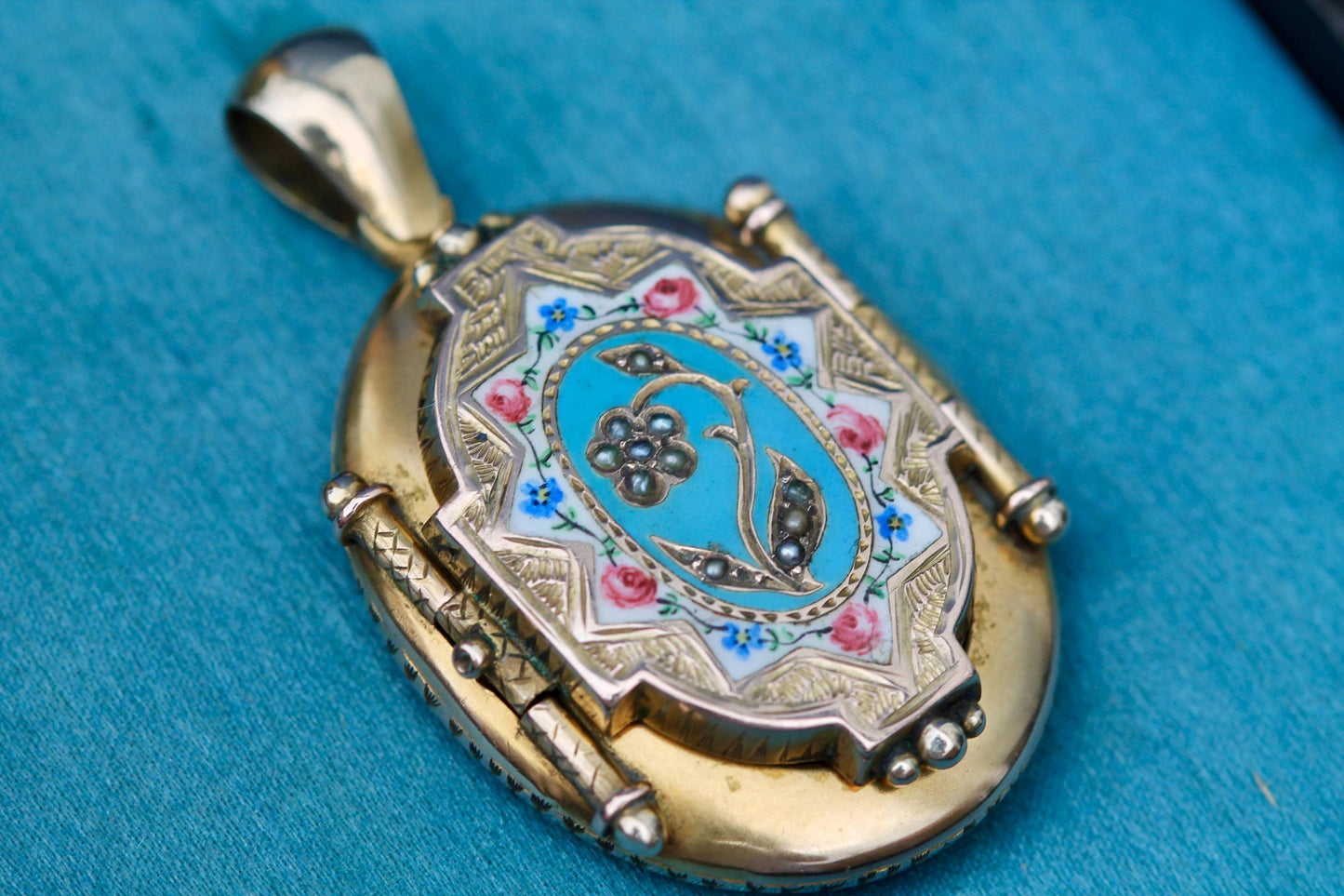 Antique Victorian Enamel Rose & Forget Me Not Locket, 1871