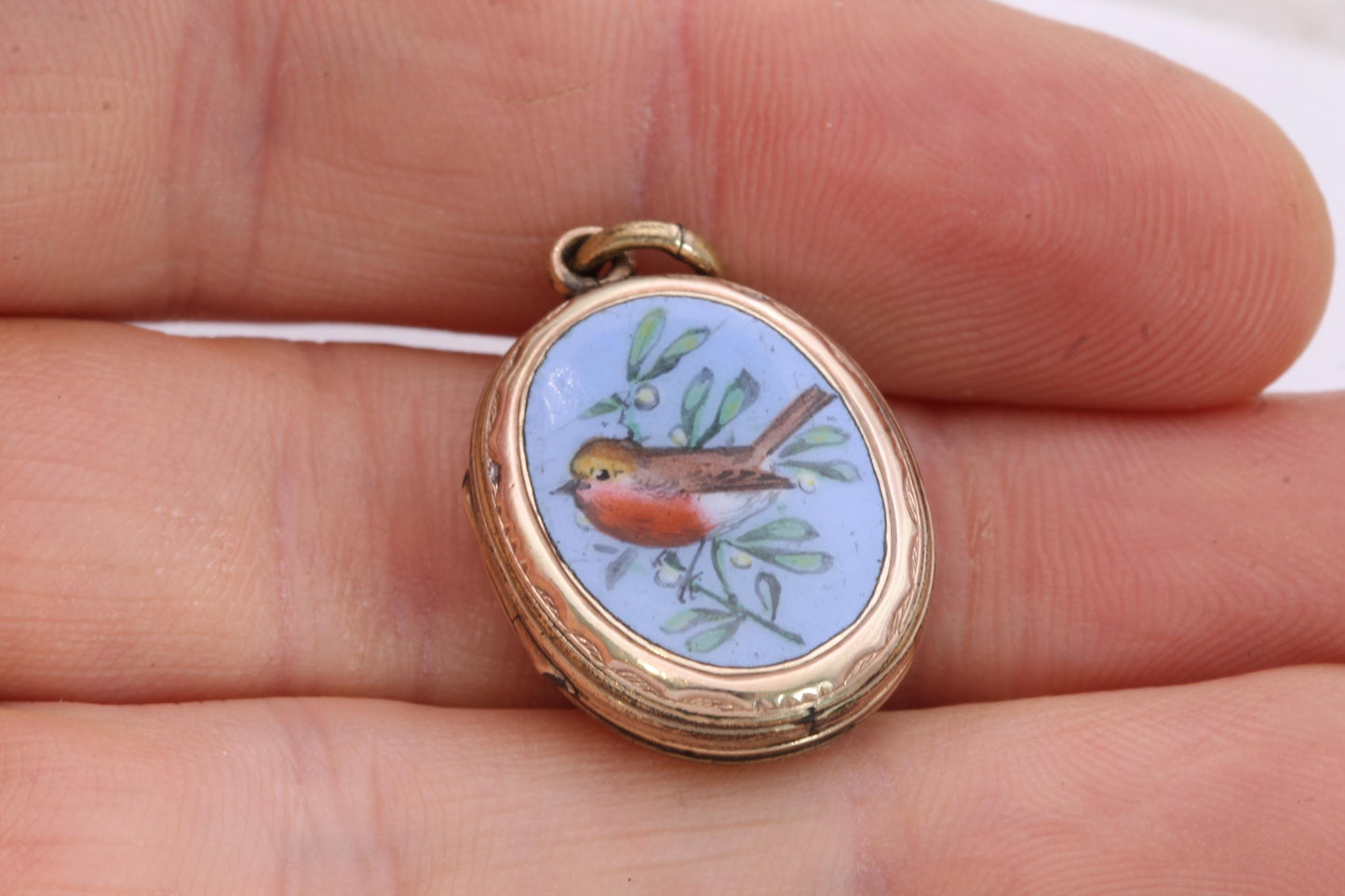 Antique Victorian 9ct Gold Robin Enamel Locket