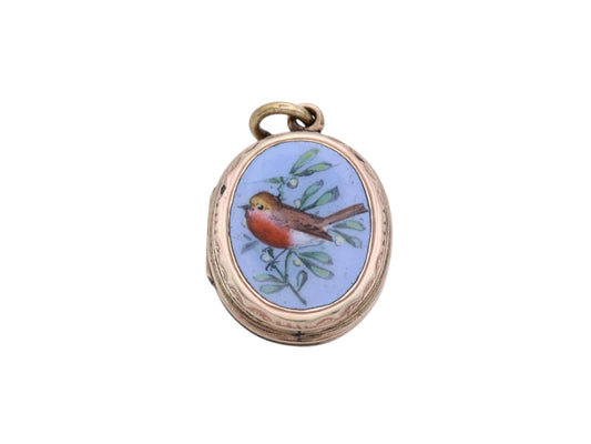 Antique Victorian 9ct Gold Robin Enamel Locket