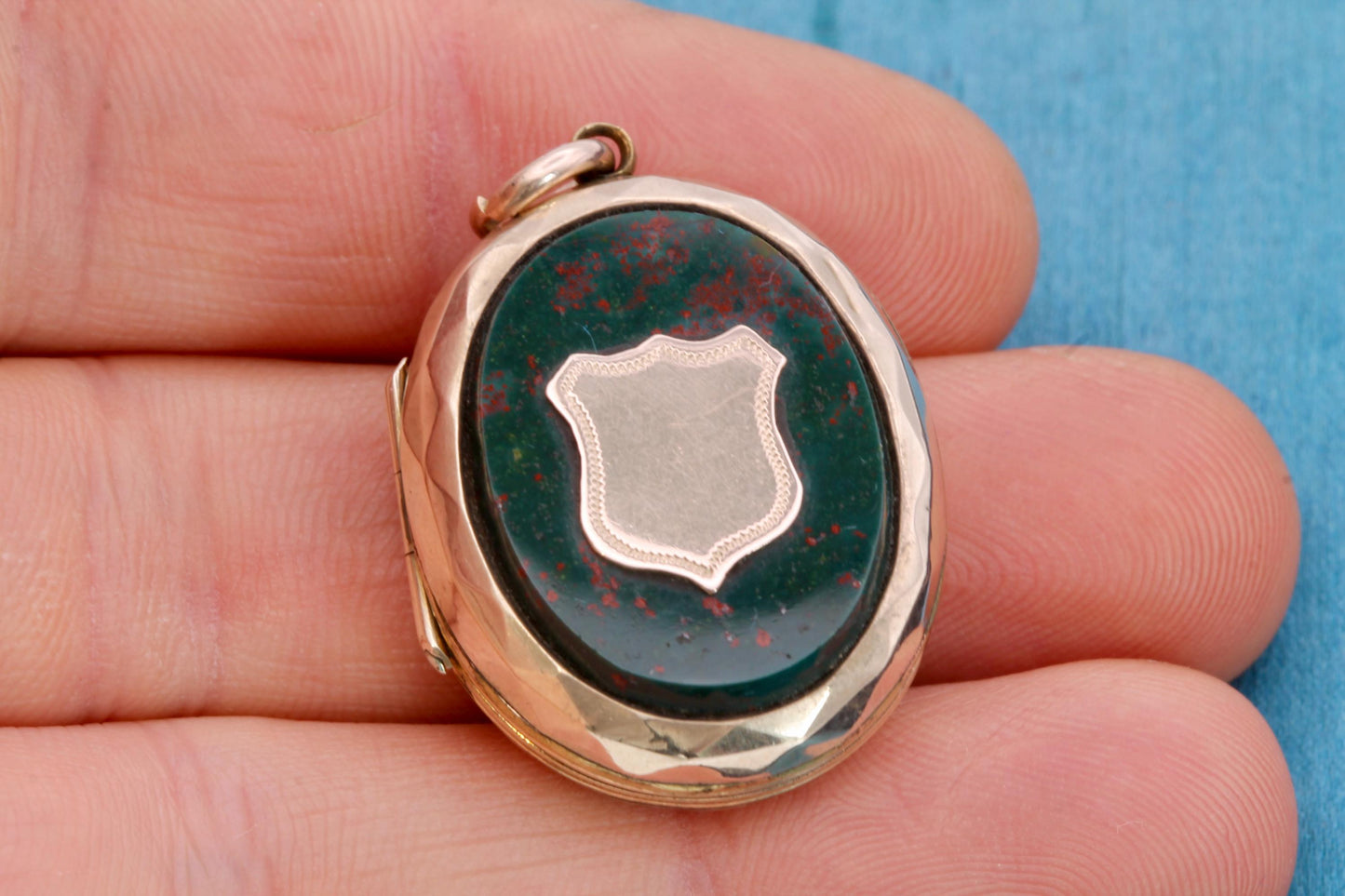 Antique Victorian 9ct Gold Bloodstone Locket with Shield Cartouche, c.1860