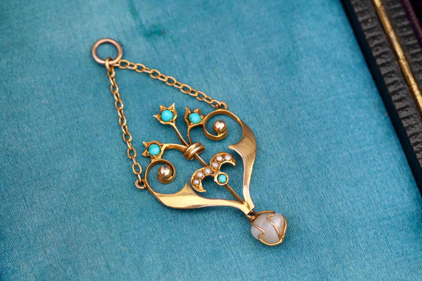 Antique Edwardian 9ct Gold Turquoise, Seed Pearl & Natural Pearl Pendant