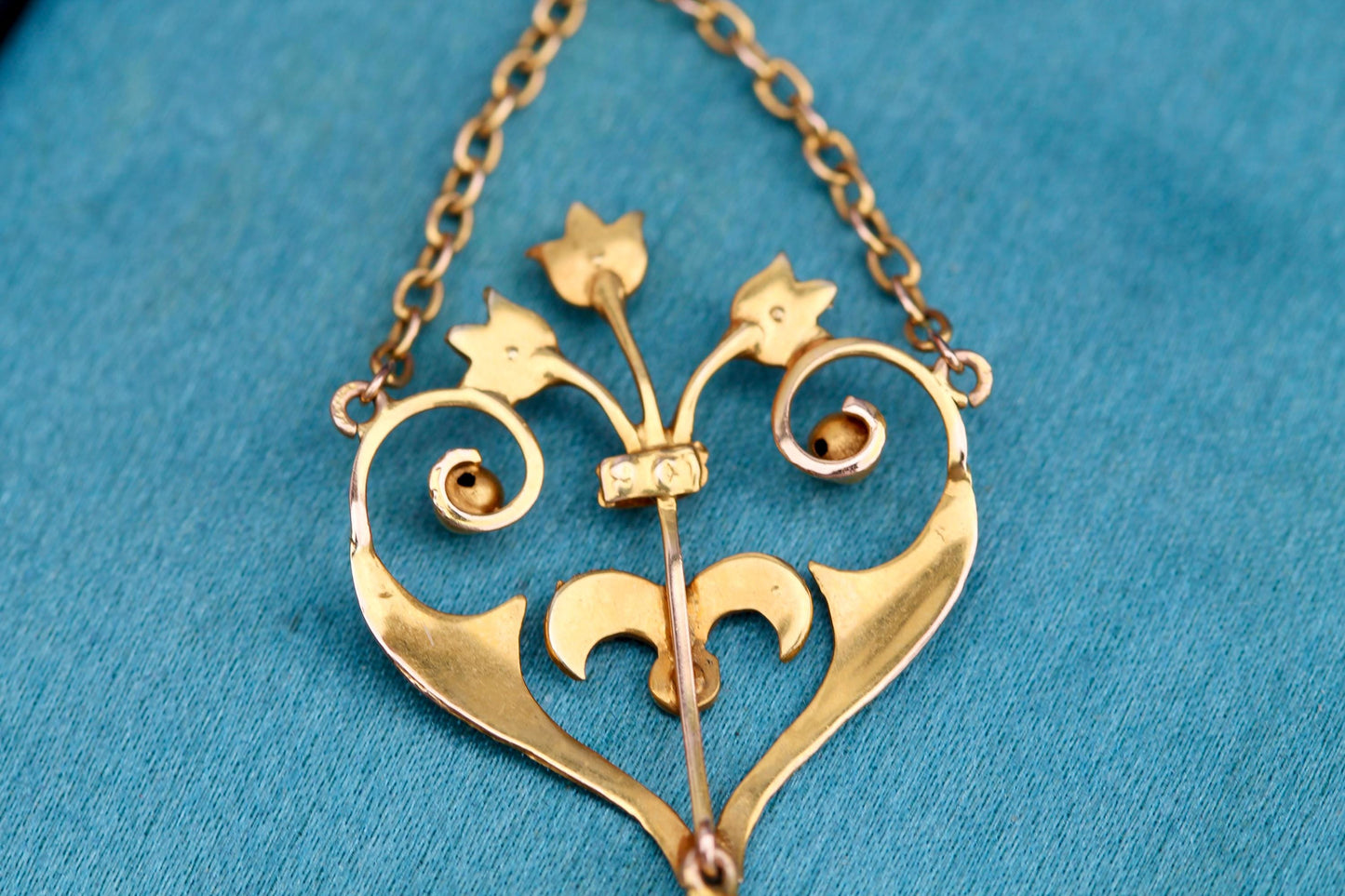 Antique Edwardian 9ct Gold Turquoise, Seed Pearl & Natural Pearl Pendant