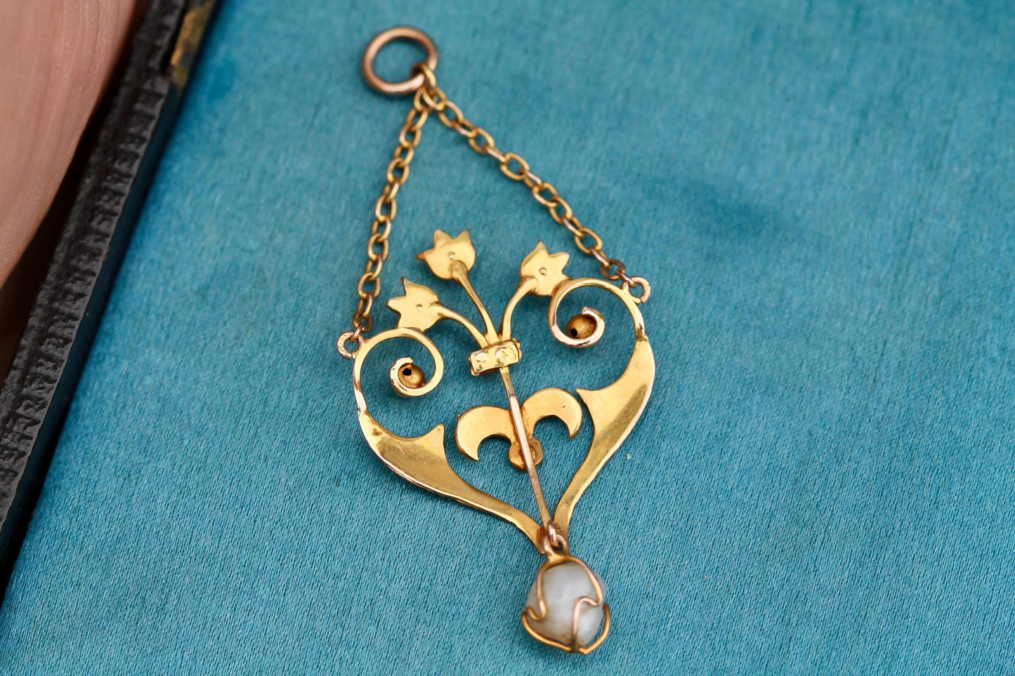 Antique Edwardian 9ct Gold Turquoise, Seed Pearl & Natural Pearl Pendant