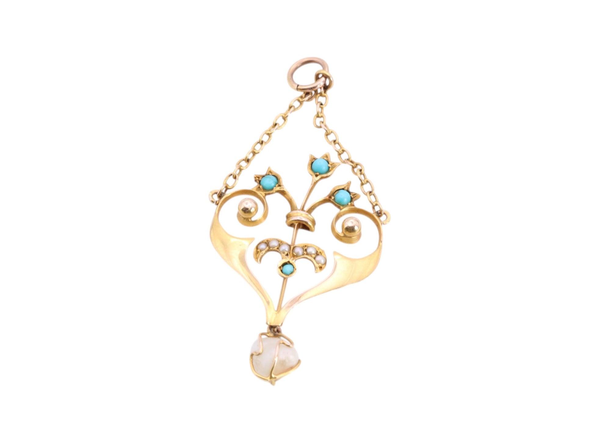 Antique-Edwardian-9ct-Gold-Turquoise,-Seed-Pearl-&-Natural-Pearl-Pendant