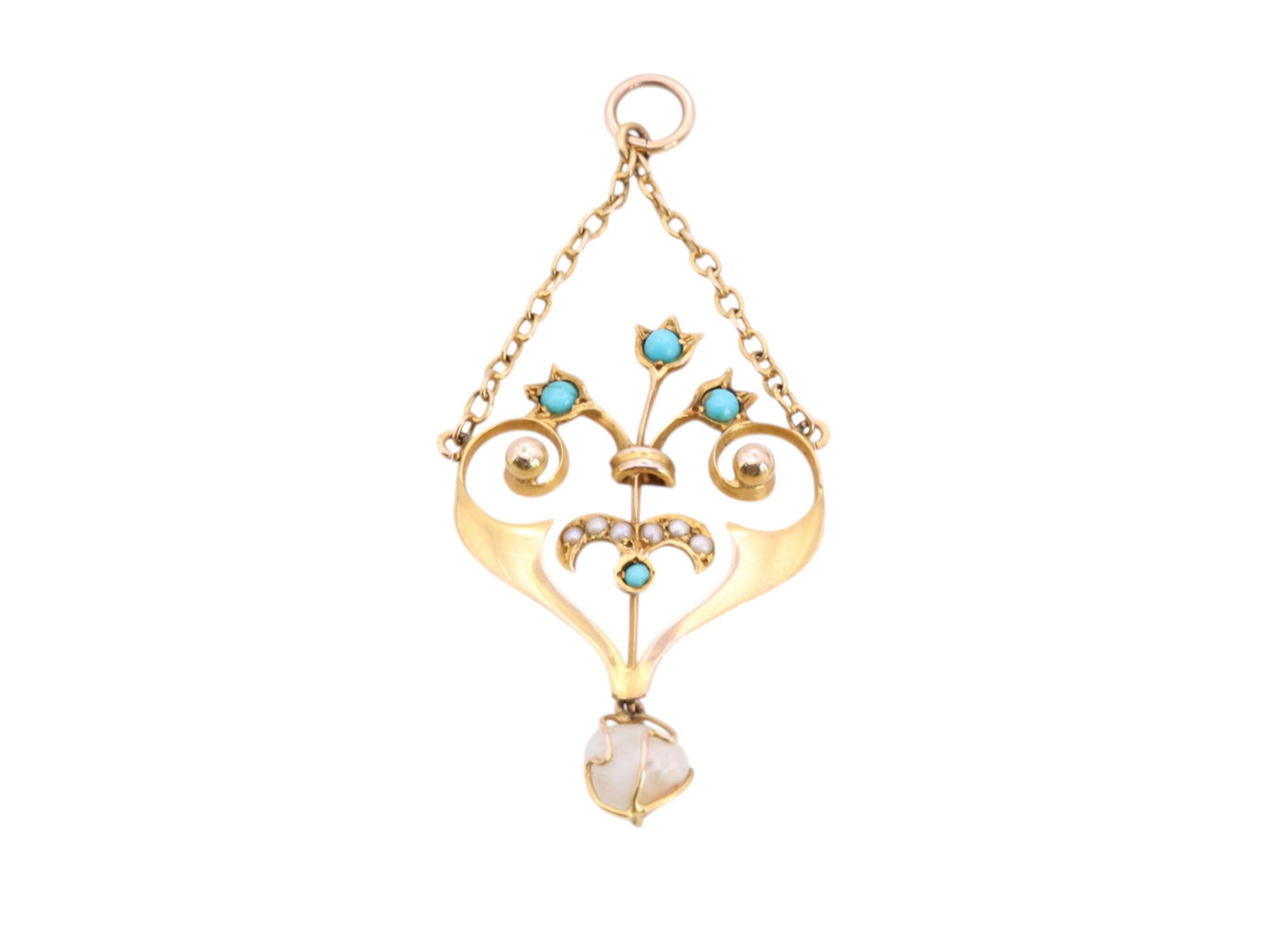 Antique Edwardian 9ct Gold Turquoise, Seed Pearl & Natural Pearl Pendant