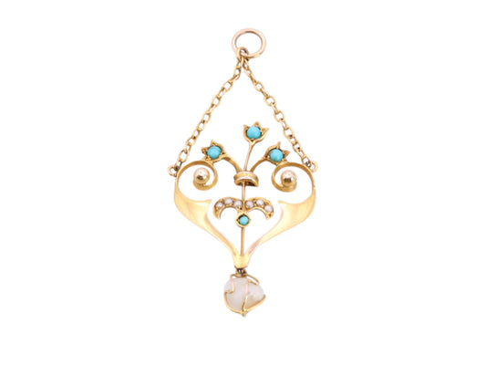 Antique Edwardian 9ct Gold Turquoise, Seed Pearl & Natural Pearl Pendant