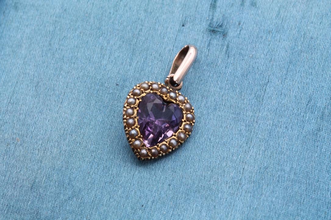 Antique 9ct Gold Amethyst Heart Pearl Pendant, 1.2ct