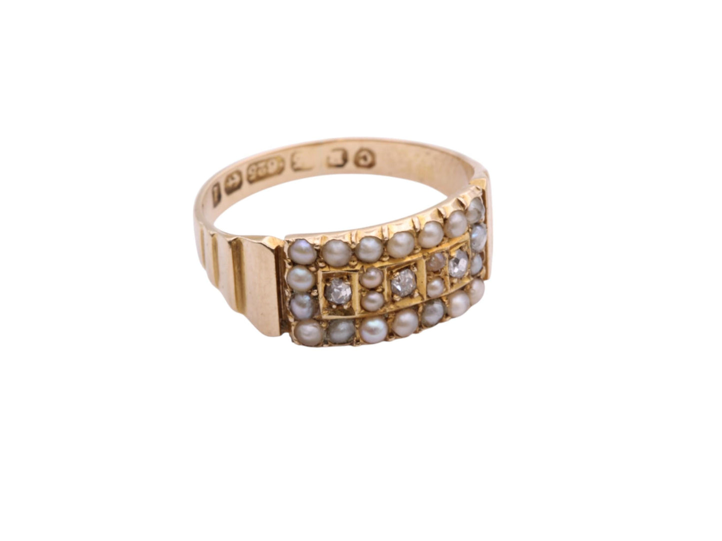 Antique 15ct Gold Diamond & Seed Pearl Ring, 1885