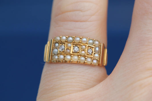 Antique 15ct Gold Diamond & Seed Pearl Ring, 1885