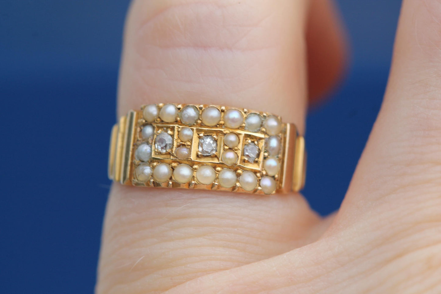 Antique 15ct Gold Diamond & Seed Pearl Ring, 1885