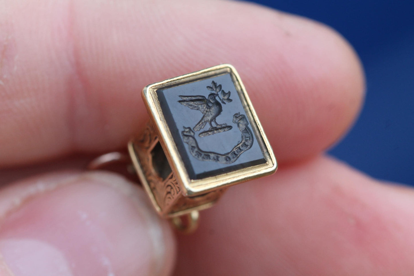 Antique 15ct Gold Watch Key Intaglio Dove "I bring happiness" , c.1880