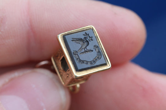 Antique 15ct Gold Watch Key Intaglio Dove "I bring happiness" , c.1880