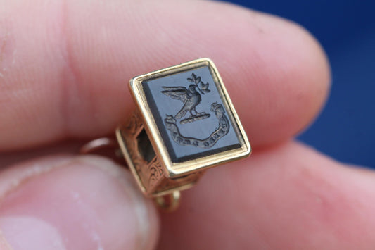 Antique 15ct Gold Watch Key Intaglio Dove "I bring happiness" , c.1880