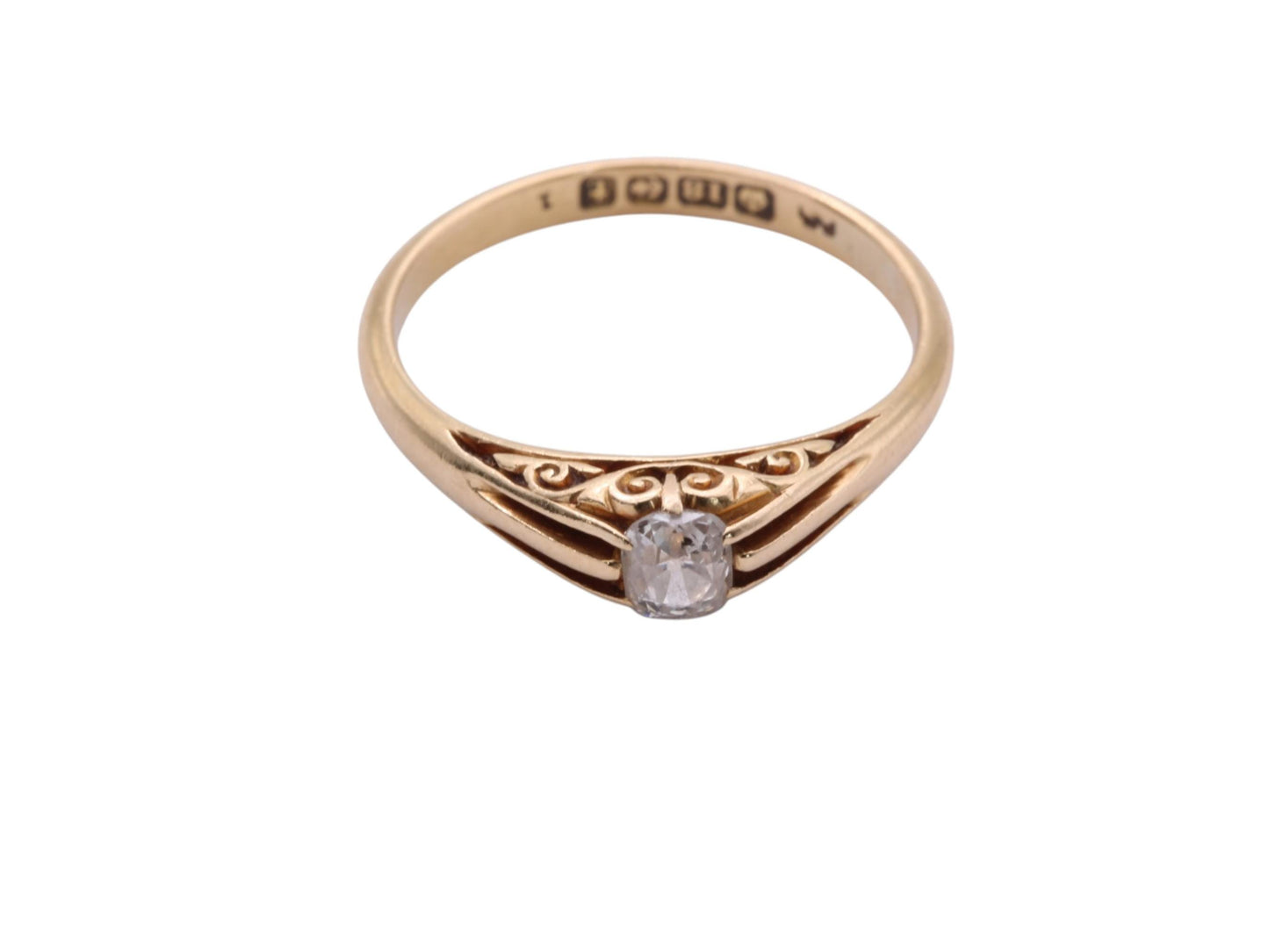 Antique 18ct Yellow Gold Cushion Cut Diamond Chased Ring, 1918