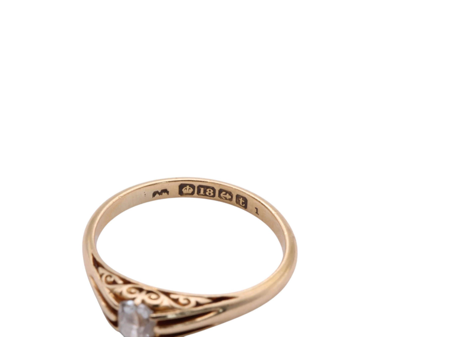 Antique 18ct Yellow Gold Cushion Cut Diamond Chased Ring, 1918
