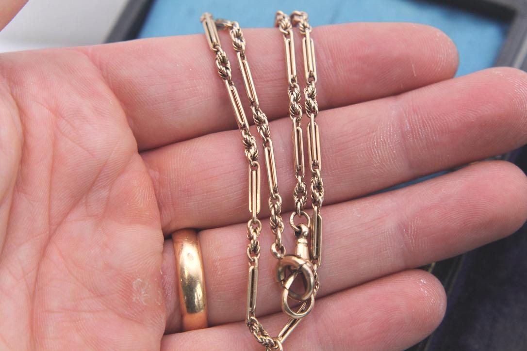 Antique 9ct Gold Lovers Knot & Fetter Link Albert Chain Necklace, 13.75"