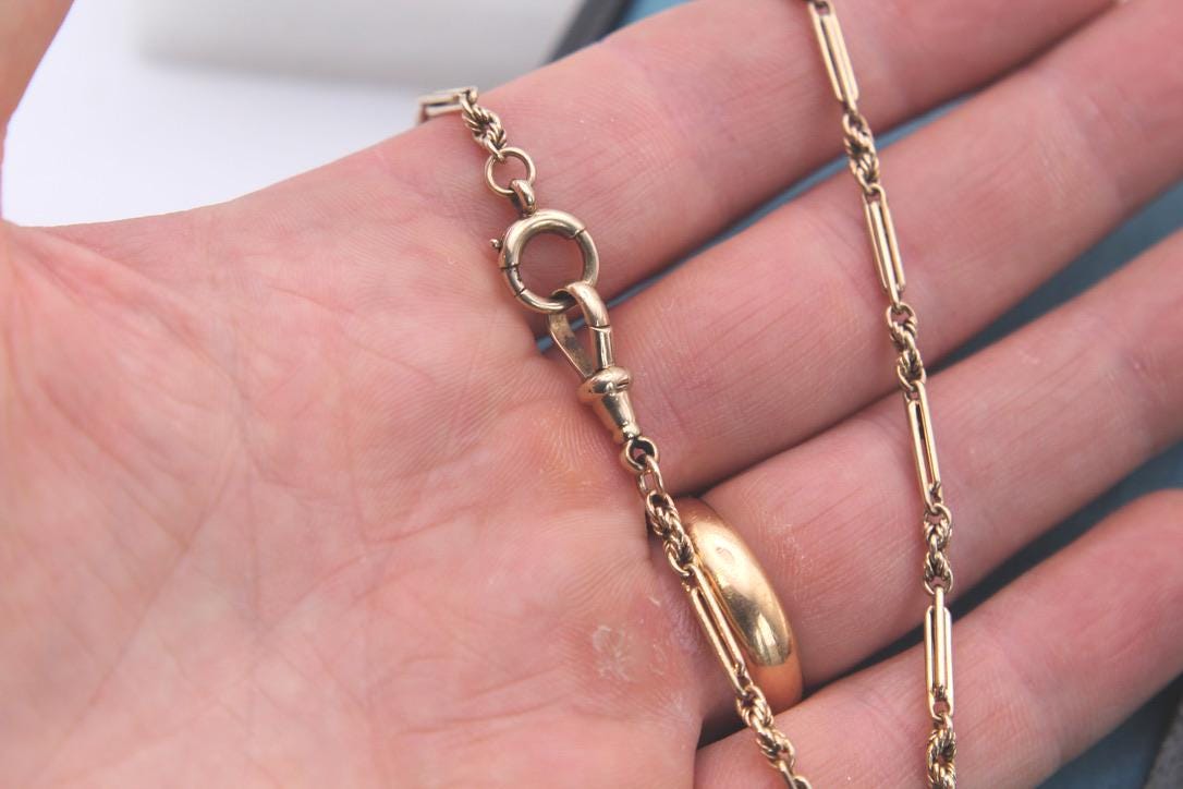 Antique-9ct-Gold-Lovers-Knot-&-Fetter-Link-Albert-Chain-Necklace,-13.75"