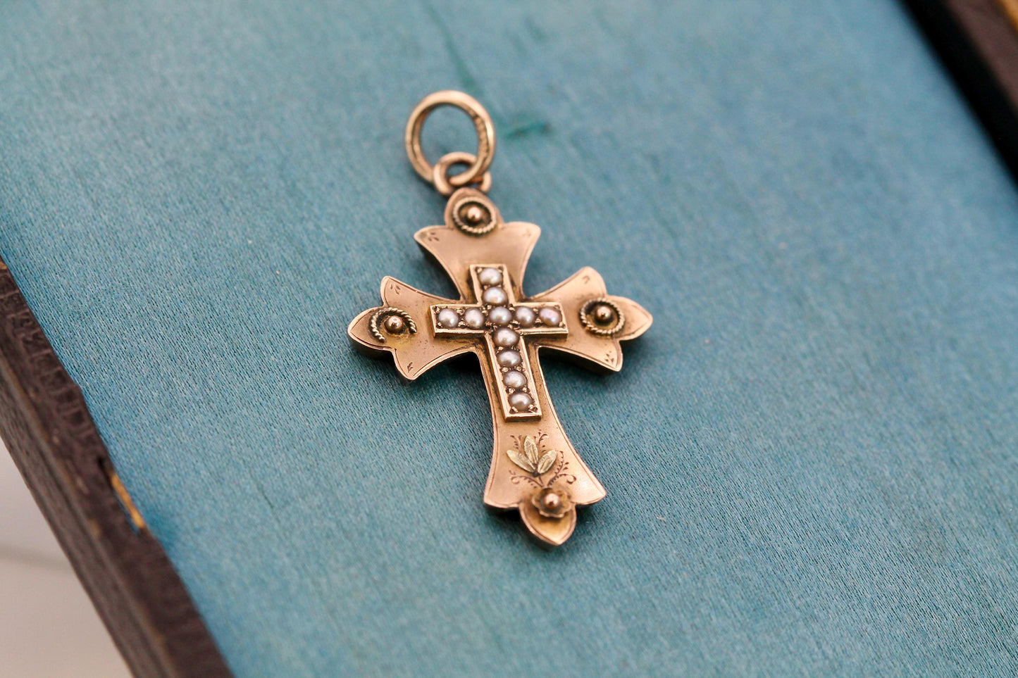 Antique 9ct Gold Seed Pearl Cross, 1893