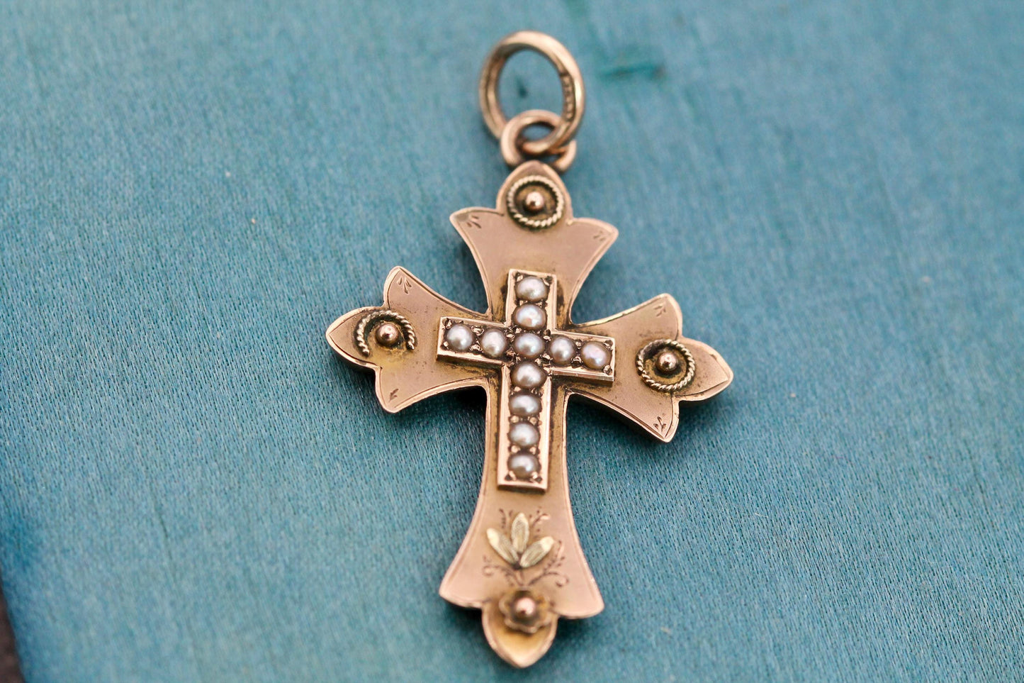 Antique 9ct Gold Seed Pearl Cross, 1893