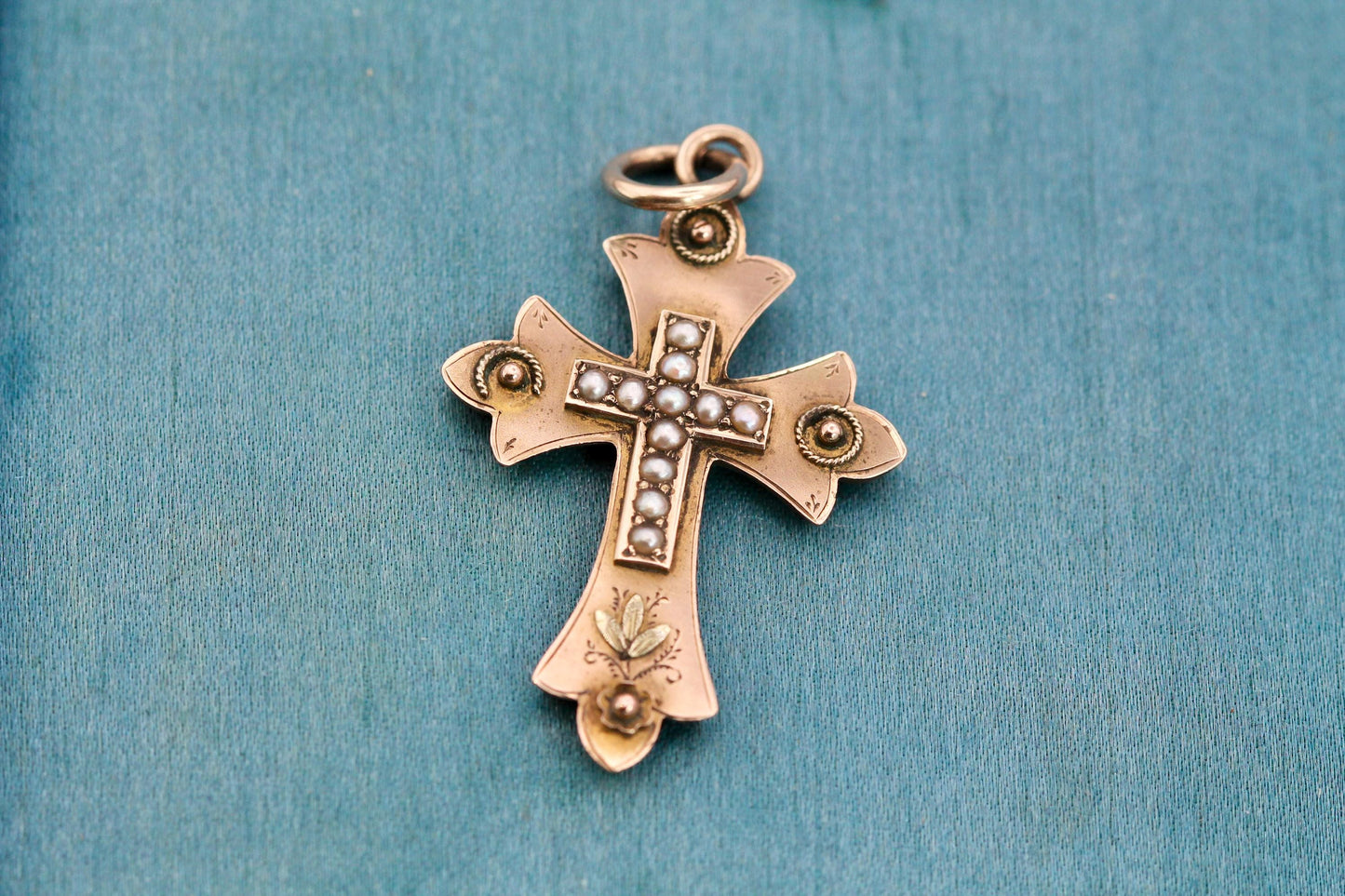Antique 9ct Gold Seed Pearl Cross, 1893