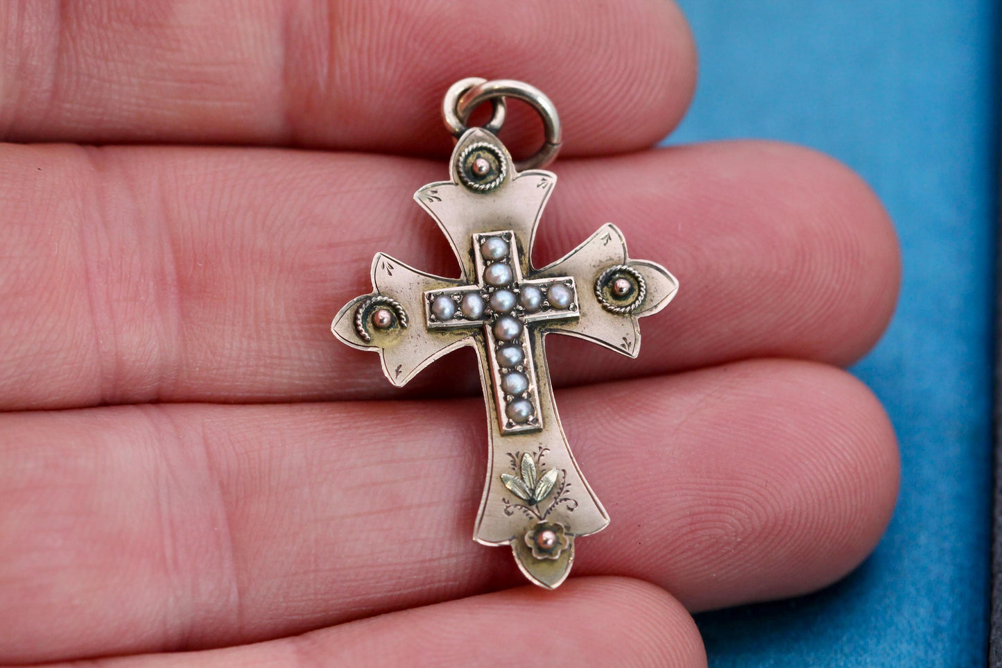 Antique 9ct Gold Seed Pearl Cross, 1893