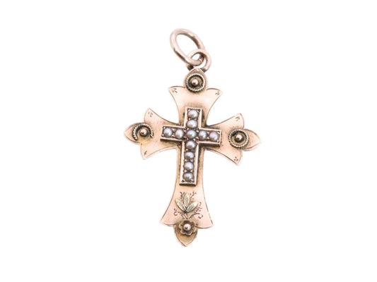 Antique 9ct Gold Seed Pearl Cross, 1893