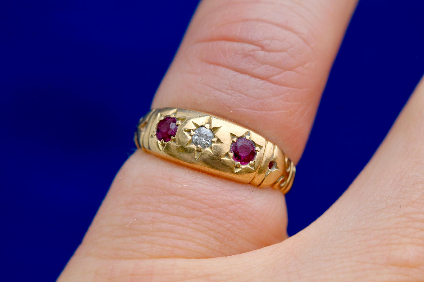 Antique 18ct Gold Diamond Ruby Gypsy Set Ring, 1915
