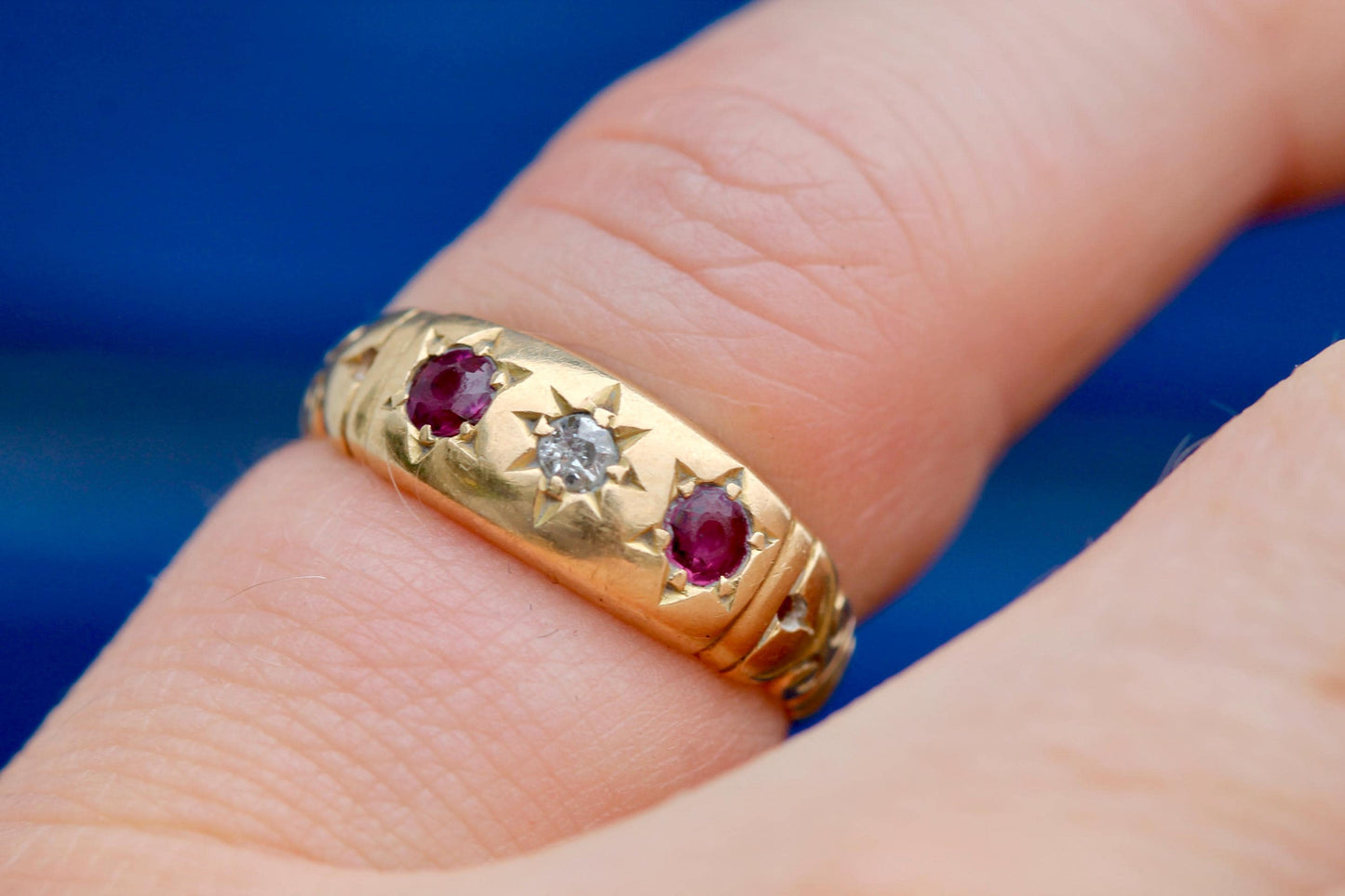 Antique 18ct Gold Diamond Ruby Gypsy Set Ring, 1915