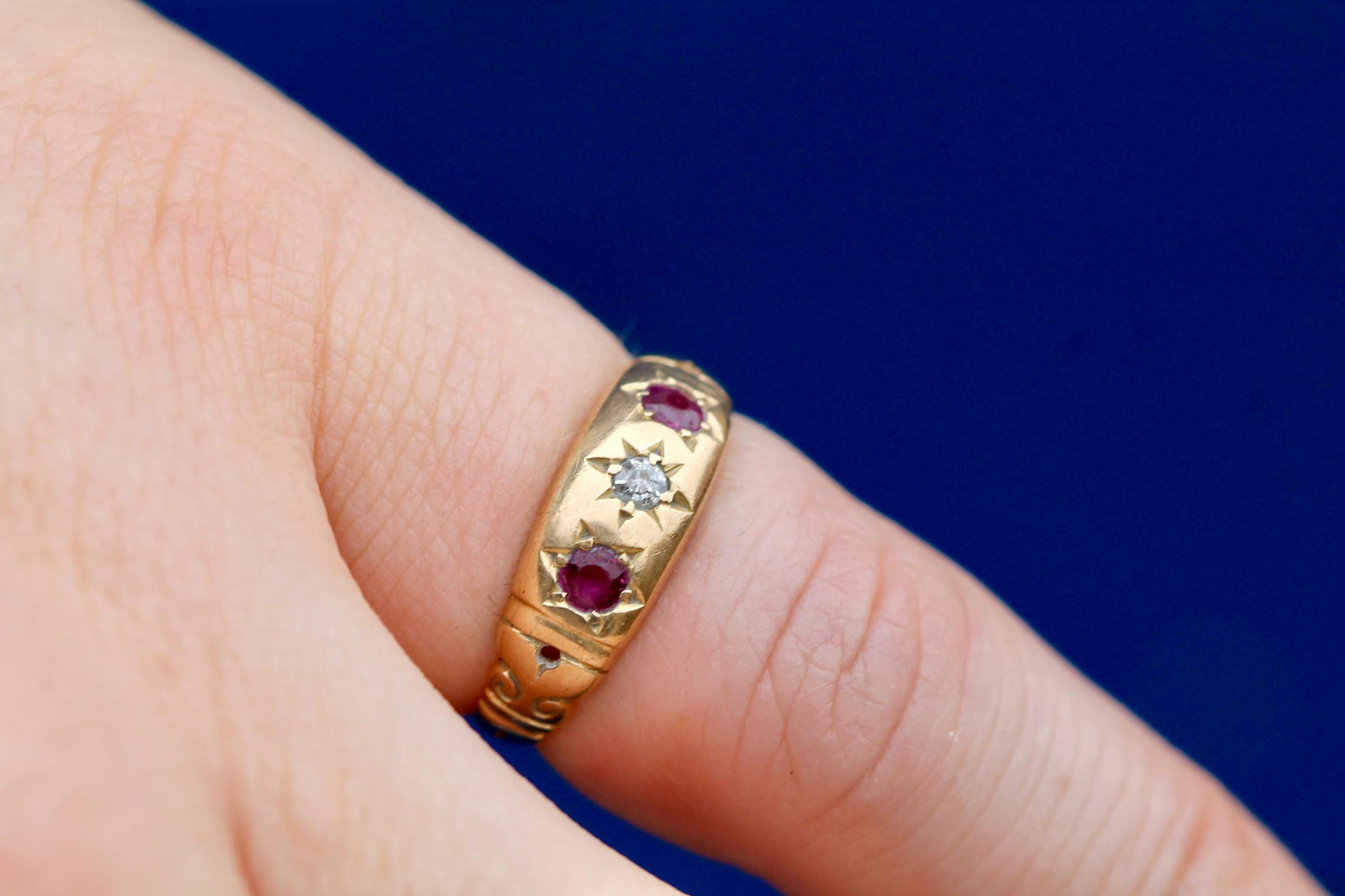 Antique 18ct Gold Diamond Ruby Gypsy Set Ring, 1915