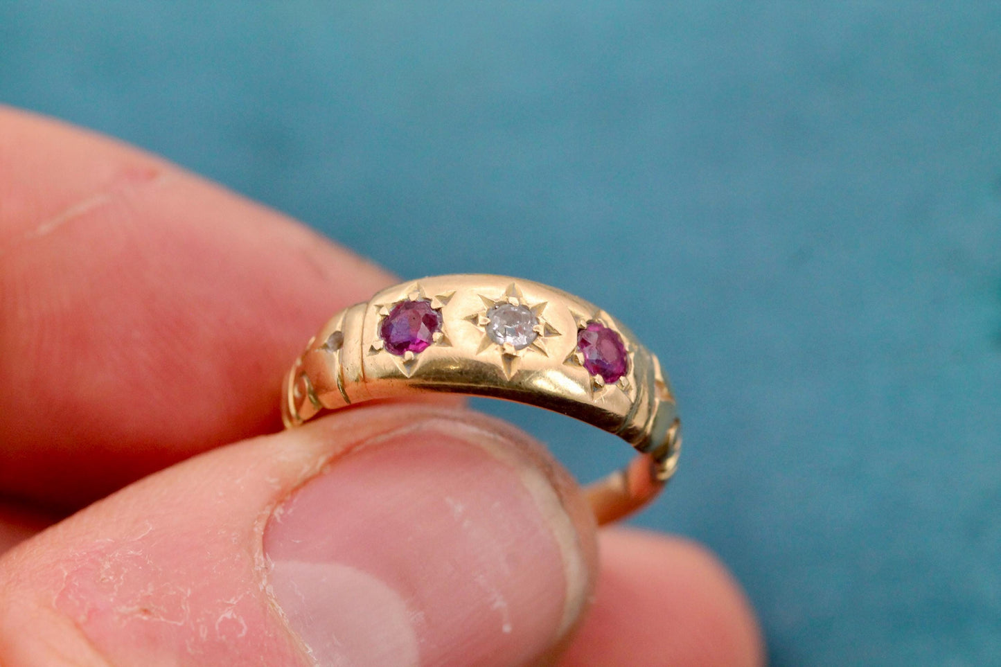 Antique 18ct Gold Diamond Ruby Gypsy Set Ring, 1915