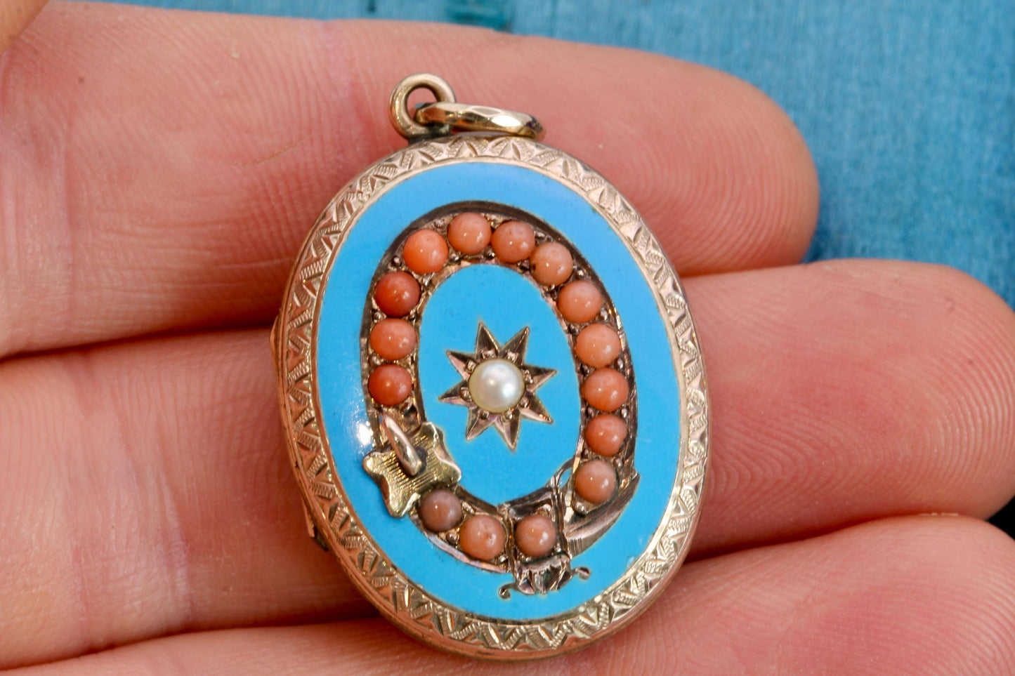 Antique 9ct Gold Coral, Pearl Buckle Enamel Locket