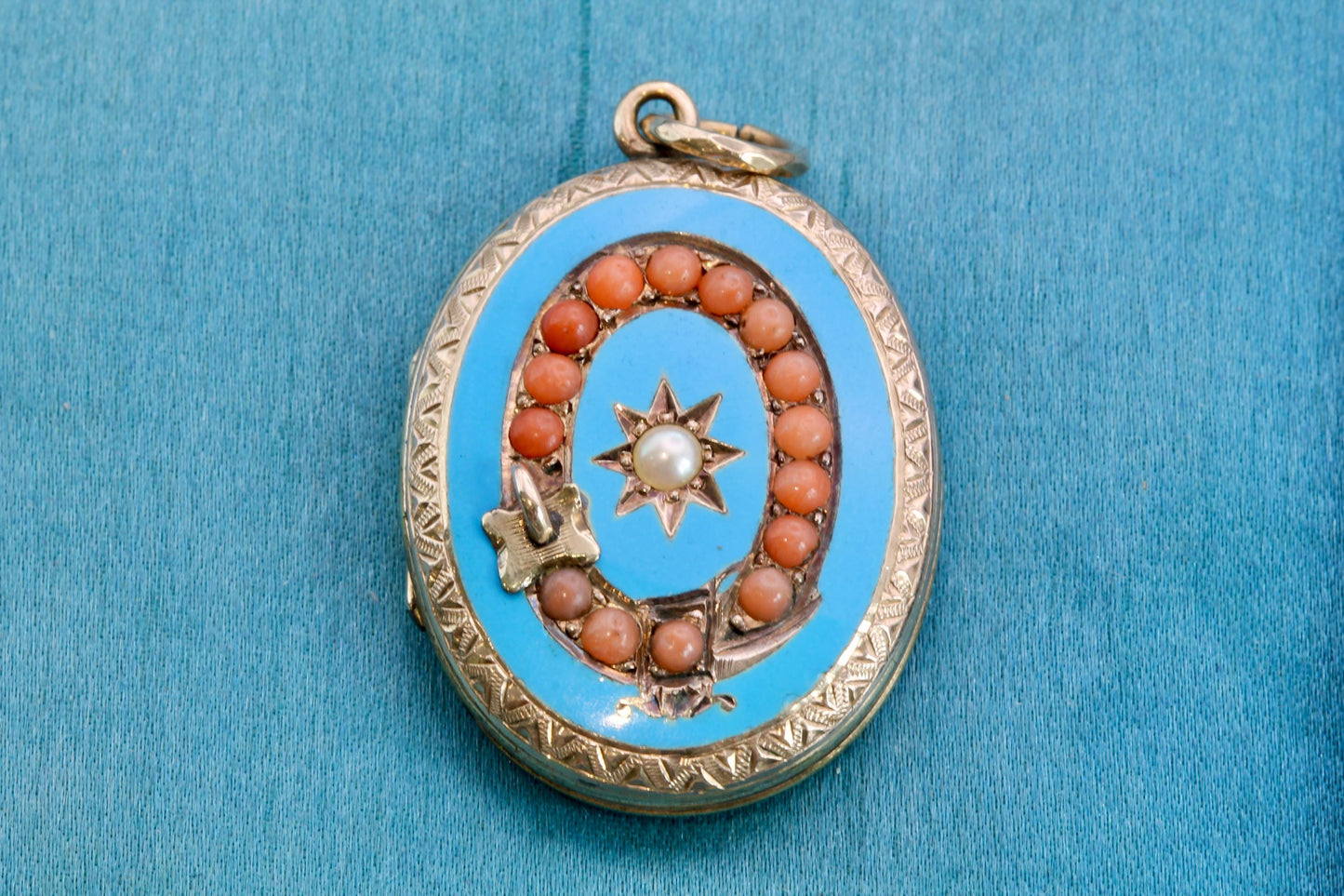 Antique 9ct Gold Coral, Pearl Buckle Enamel Locket