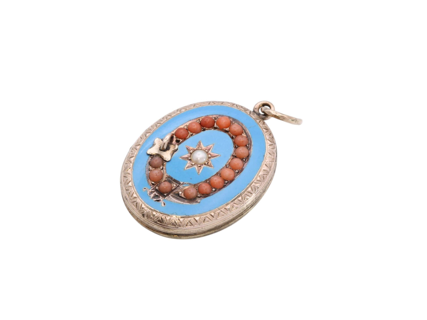Antique-9ct-Gold-Coral,-Pearl-Buckle-Enamel-Locket