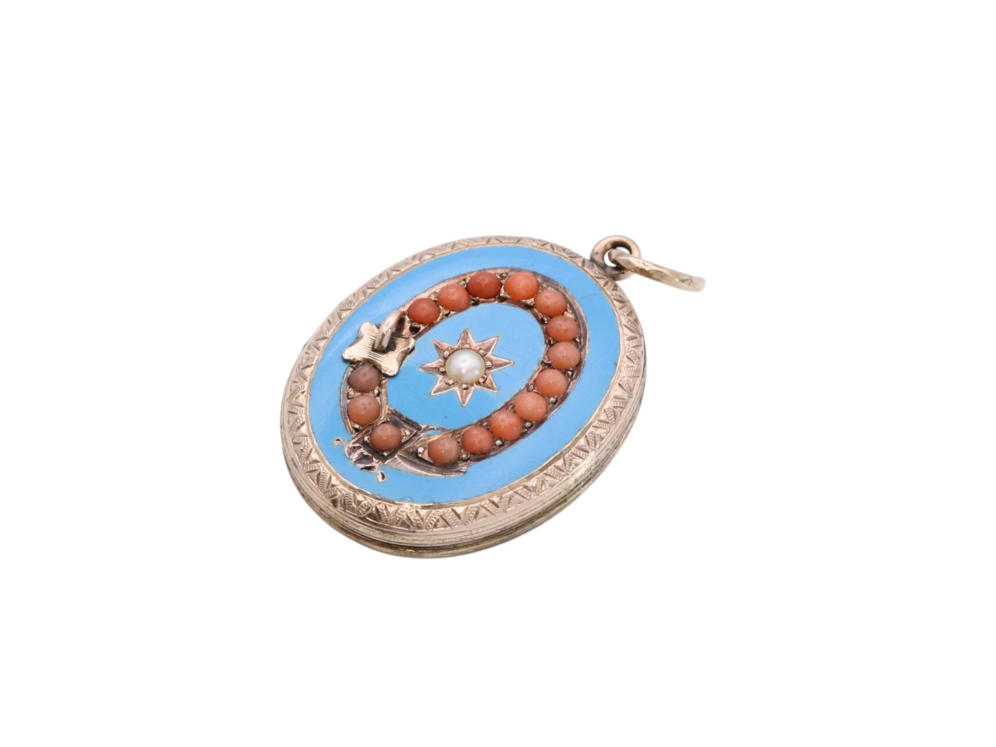 Antique-9ct-Gold-Coral,-Pearl-Buckle-Enamel-Locket