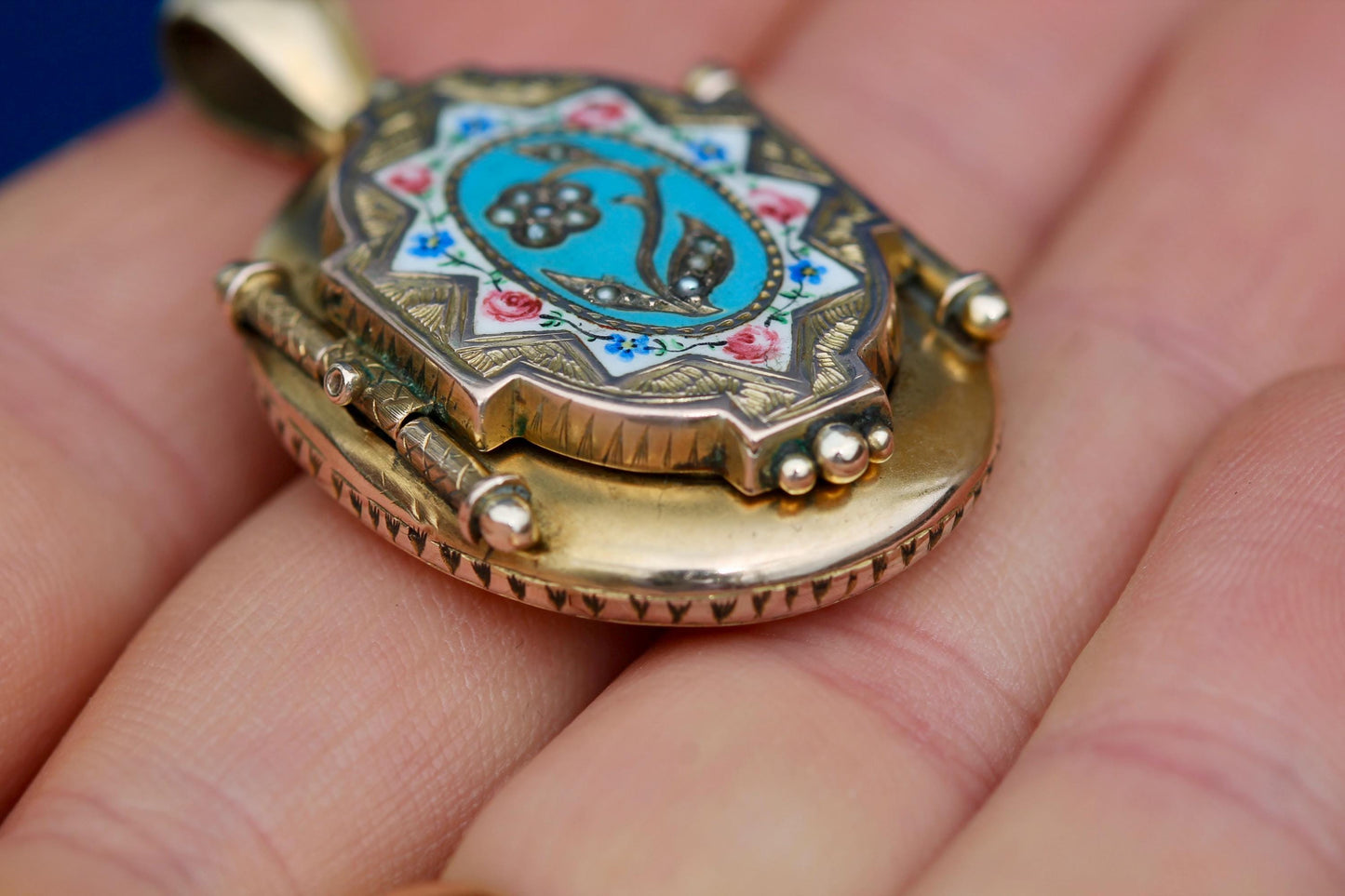 Antique Victorian Enamel Rose & Forget Me Not Locket, 1871