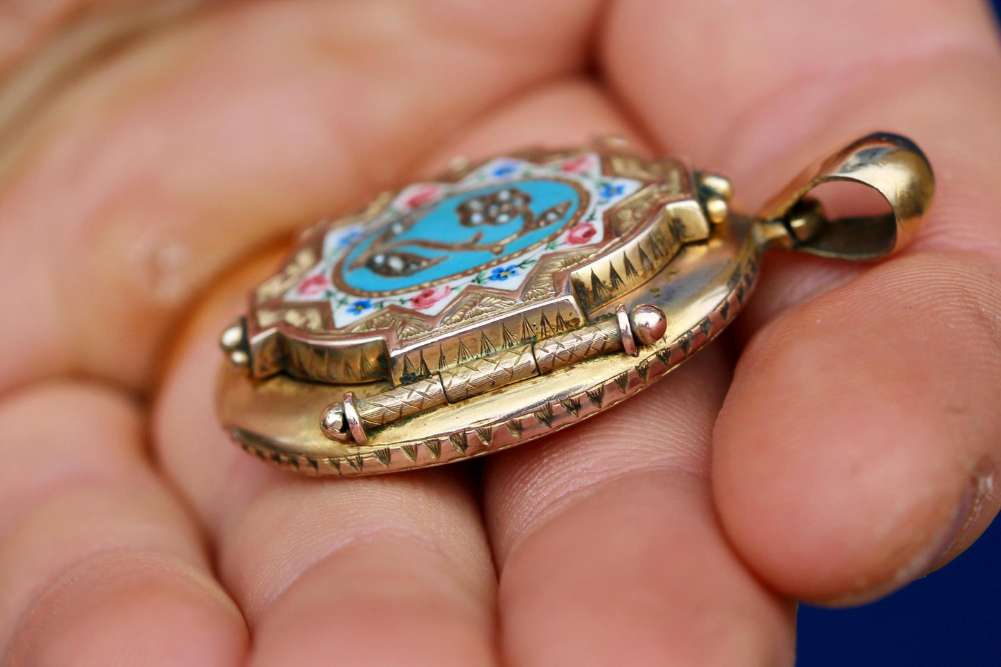 Antique Victorian Enamel Rose & Forget Me Not Locket, 1871