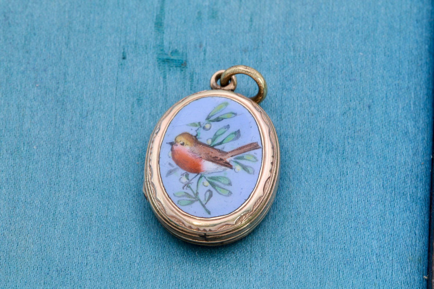 Antique Victorian 9ct Gold Robin Enamel Locket