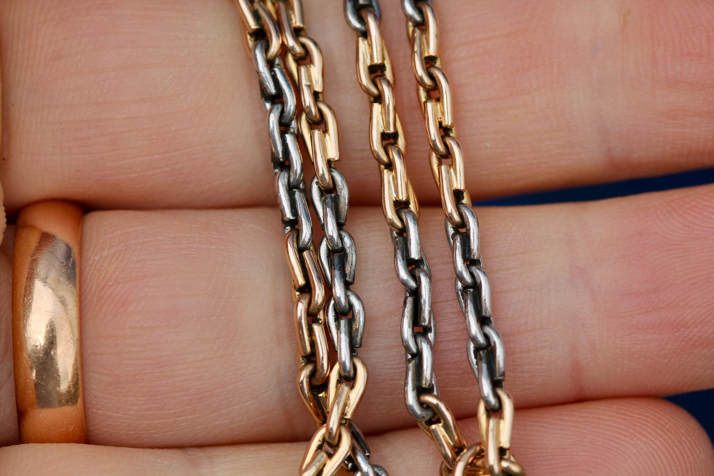 Antique 18ct Gold & Platinum Wheat Link Double Albert Necklace Chain, 14.5"