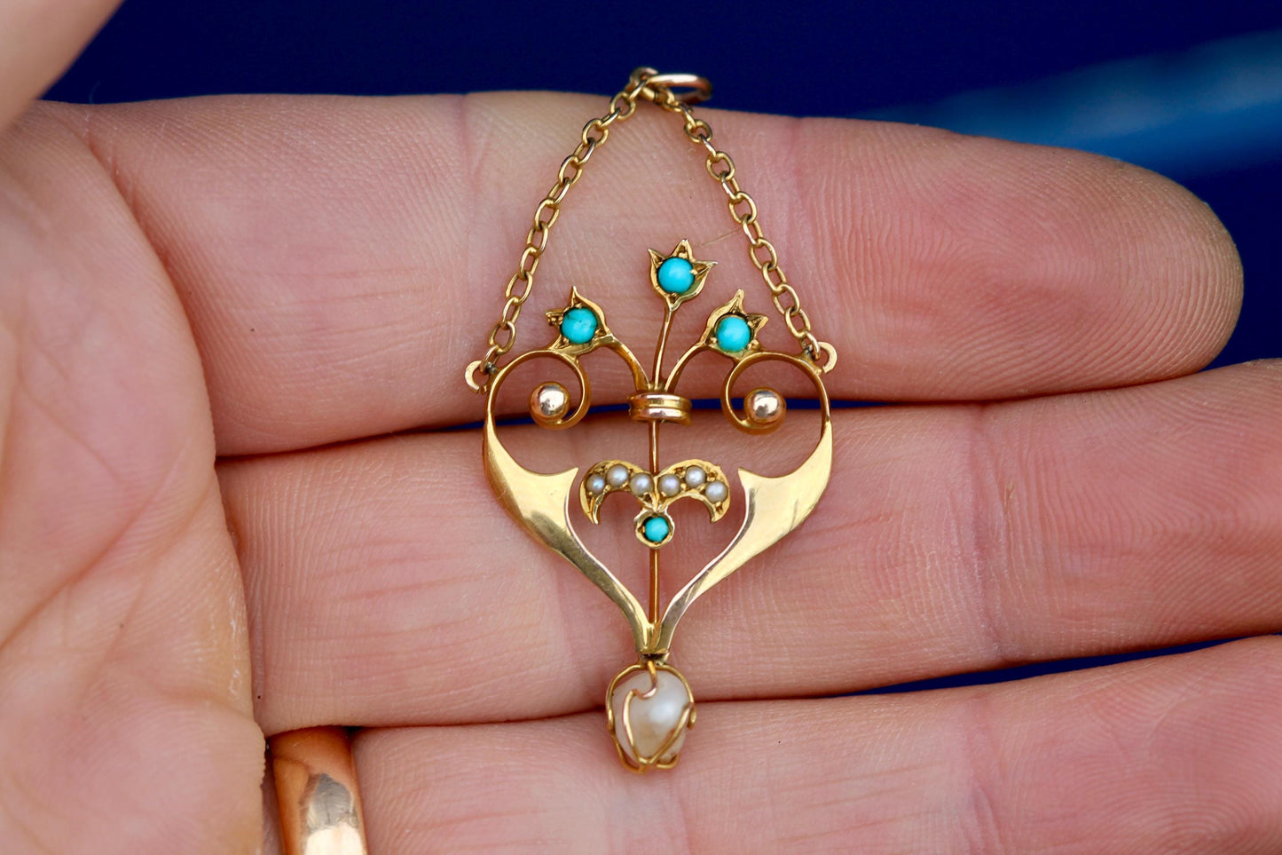 Antique Edwardian 9ct Gold Turquoise, Seed Pearl & Natural Pearl Pendant