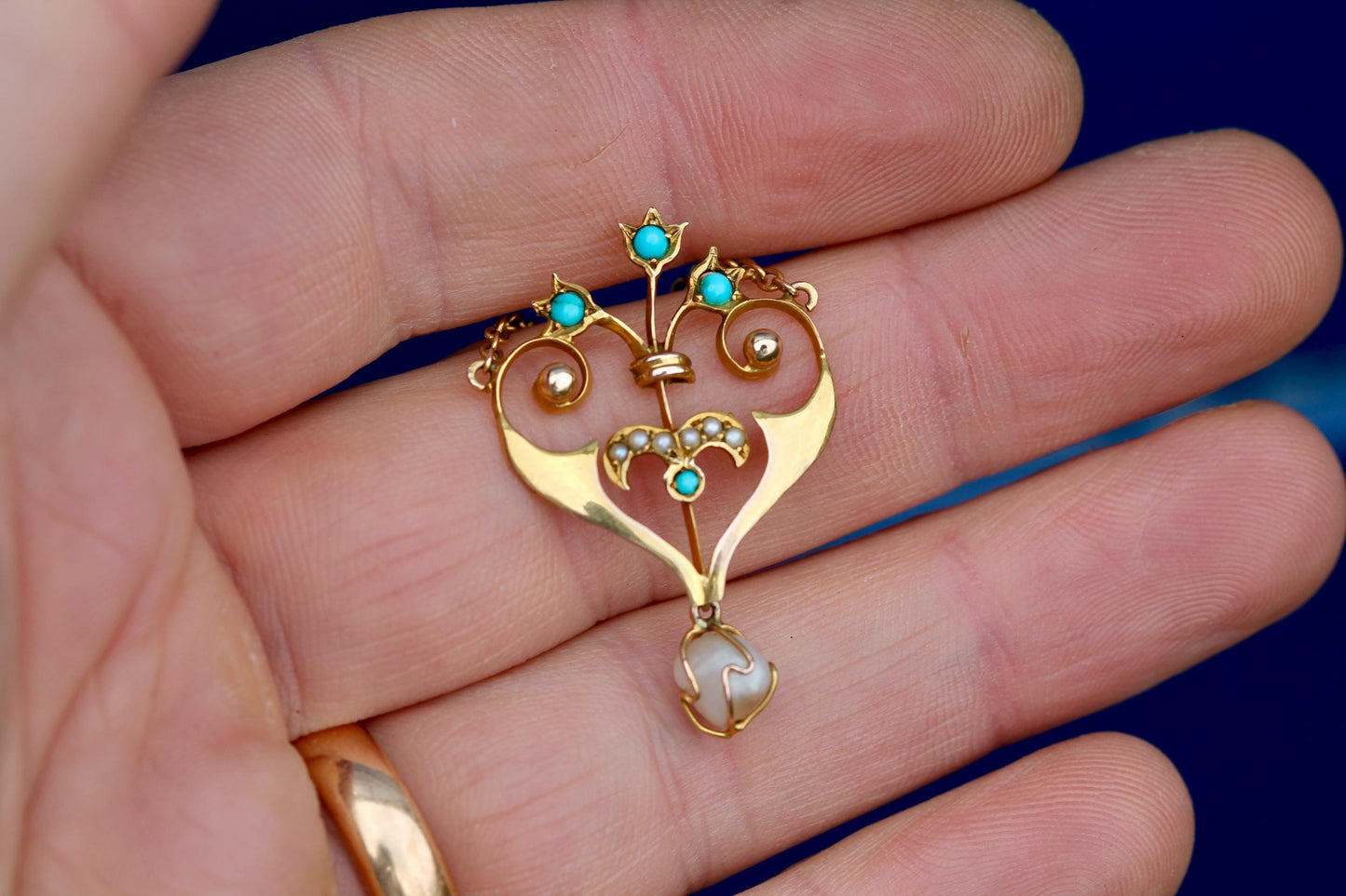 Antique Edwardian 9ct Gold Turquoise, Seed Pearl & Natural Pearl Pendant