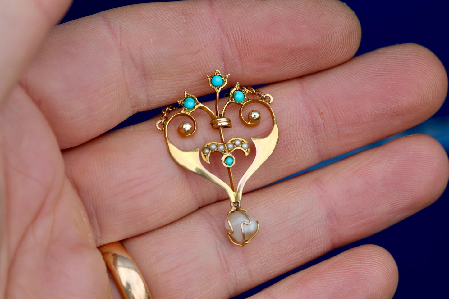 Antique Edwardian 9ct Gold Turquoise, Seed Pearl & Natural Pearl Pendant