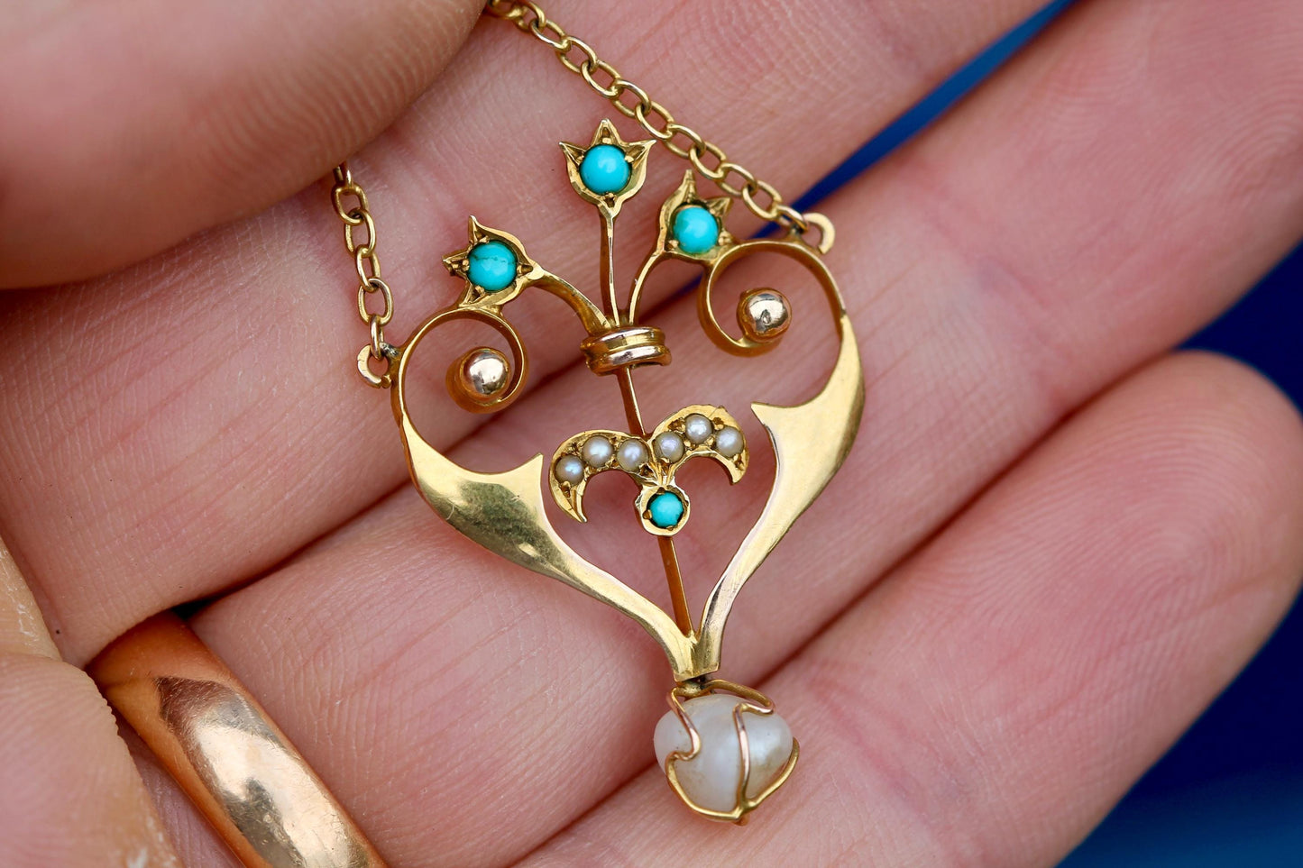 Antique Edwardian 9ct Gold Turquoise, Seed Pearl & Natural Pearl Pendant