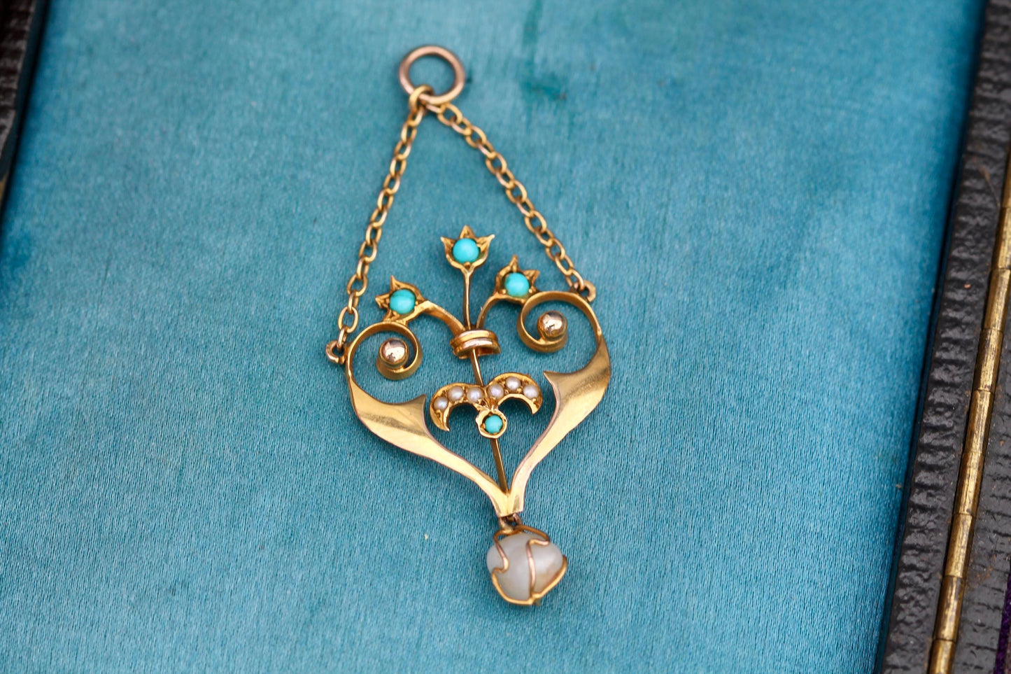 Antique Edwardian 9ct Gold Turquoise, Seed Pearl & Natural Pearl Pendant