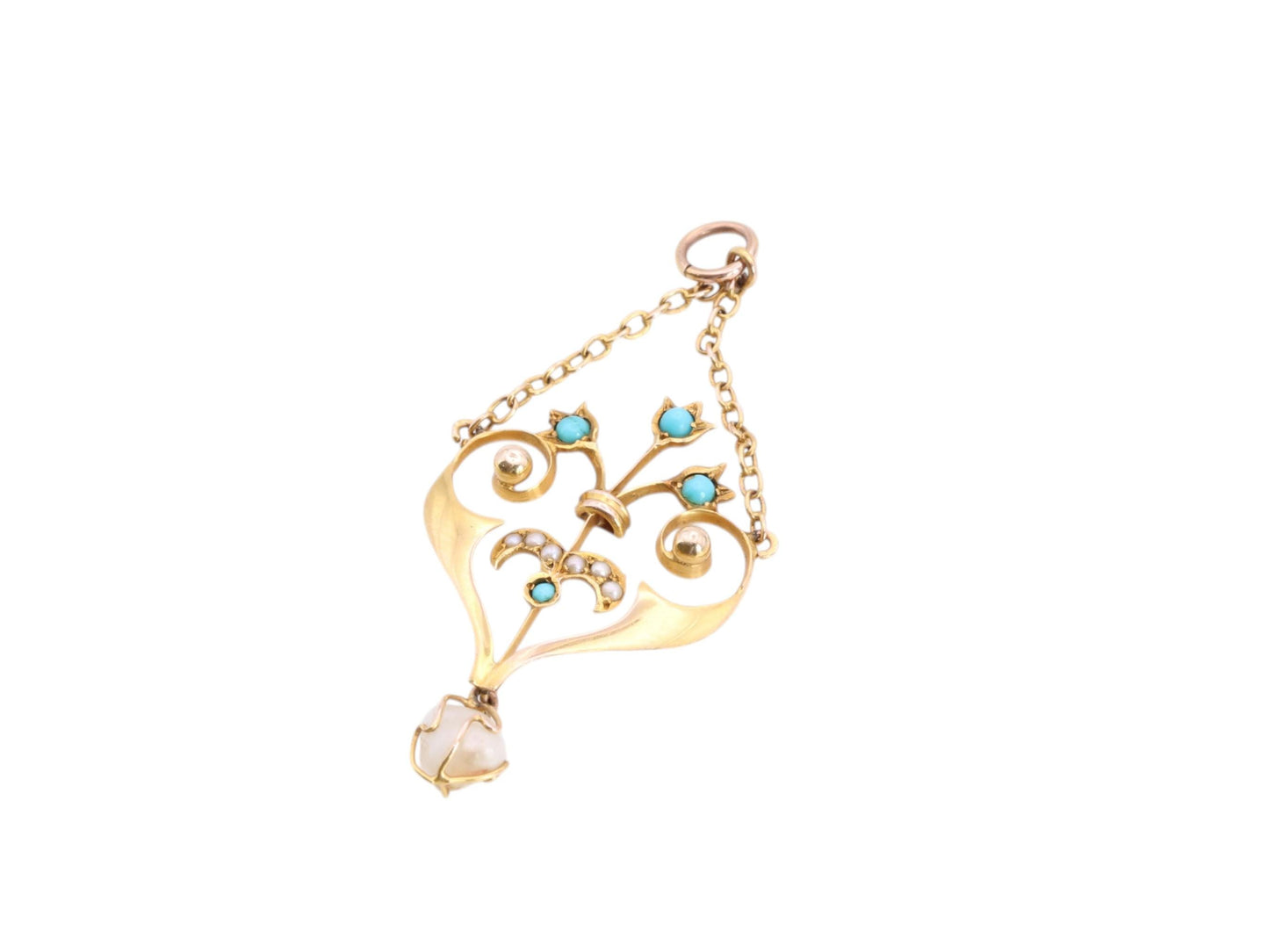 Antique Edwardian 9ct Gold Turquoise, Seed Pearl & Natural Pearl Pendant