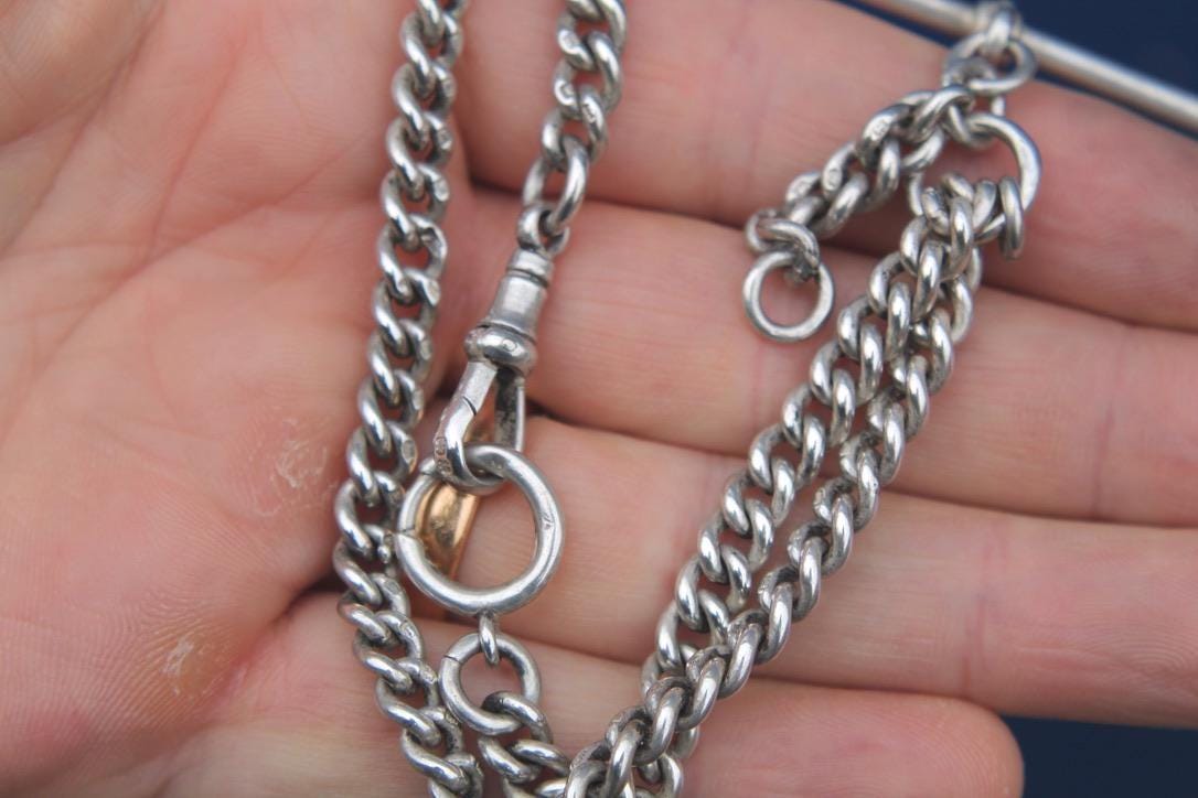 Antique Sterling Silver Curb Link Double Albert Necklace Chain, 14"