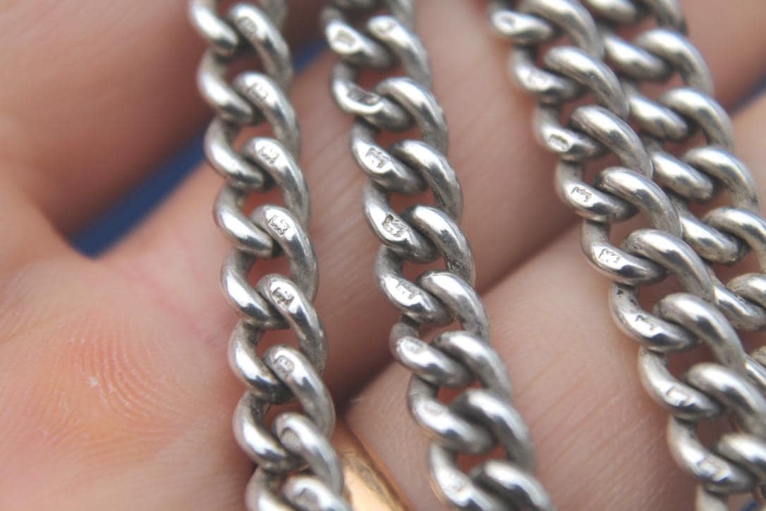 Antique Sterling Silver Curb Link Double Albert Necklace Chain, 14"