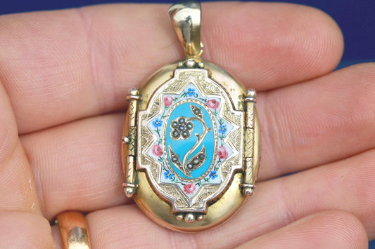 Antique Victorian Enamel Rose & Forget Me Not Locket, 1871